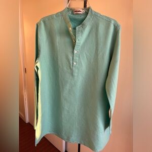 FabIndia Men’s Teal Blue Woven Linen Blend Nehru Kurta roll tab sleeves Sz 38 M
